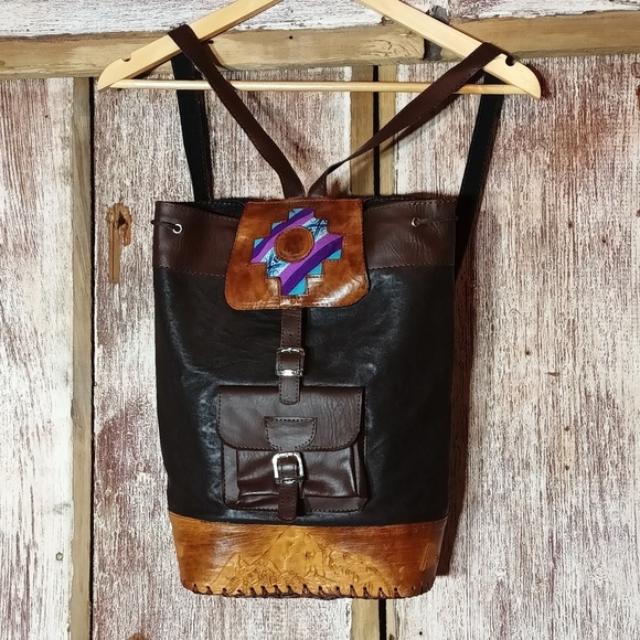 Puro Cuero Handbags - Puro Ceuro cowgirlcore leather Aztec drawstring backpack artsy western